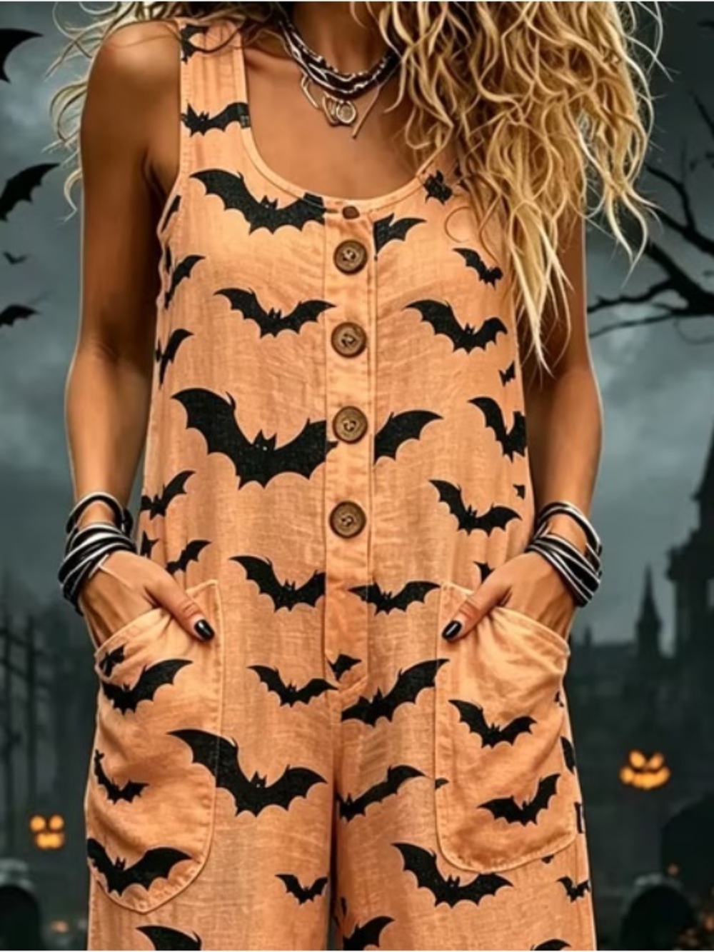(A4) NIP Bat Print Lightweight Jumpsuit - Picture 2 of 2